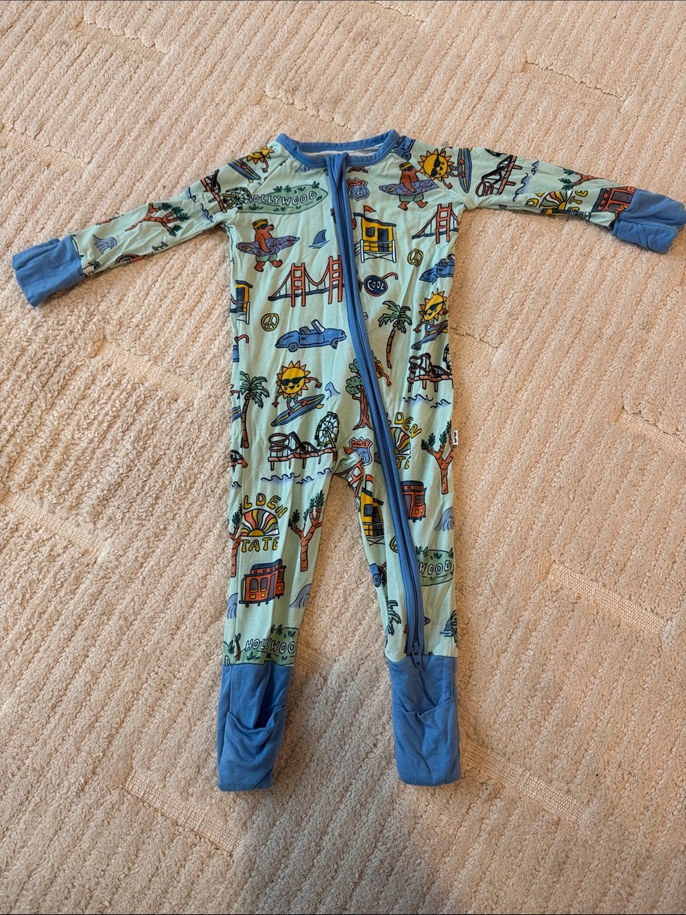 Little Sleepies Mint Green Footed One-Piece with Blue Trim and Travel Icons